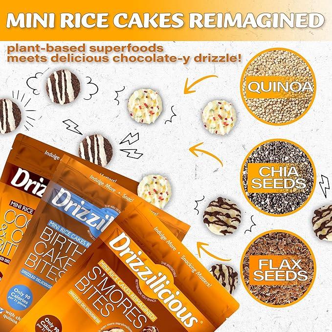 Drizzilicious Mini Rice Cakes Variety Pack [Cookies & Cream, Birthday Cake, S'mores] - Rice Crisps, Healthy Snack for Adults and Kids, Flavored Rice Cakes, Vegan, Gluten Free, Allergen Free, Only 90 Calories Per Bag - 0.74 oz (Pack of 12)