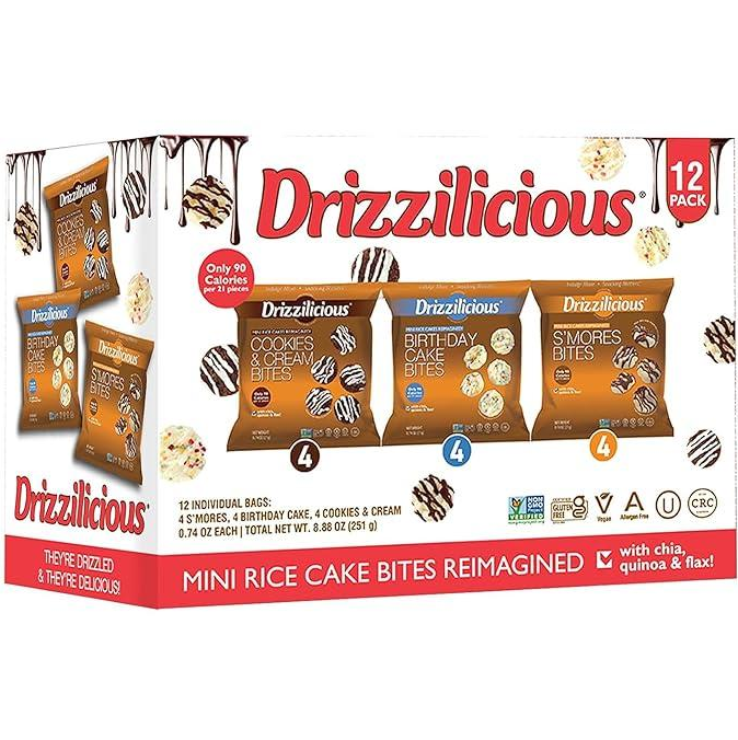Drizzilicious Mini Rice Cakes Variety Pack [Cookies & Cream, Birthday Cake, S'mores] - Rice Crisps, Healthy Snack for Adults and Kids, Flavored Rice Cakes, Vegan, Gluten Free, Allergen Free, Only 90 Calories Per Bag - 0.74 oz (Pack of 12)