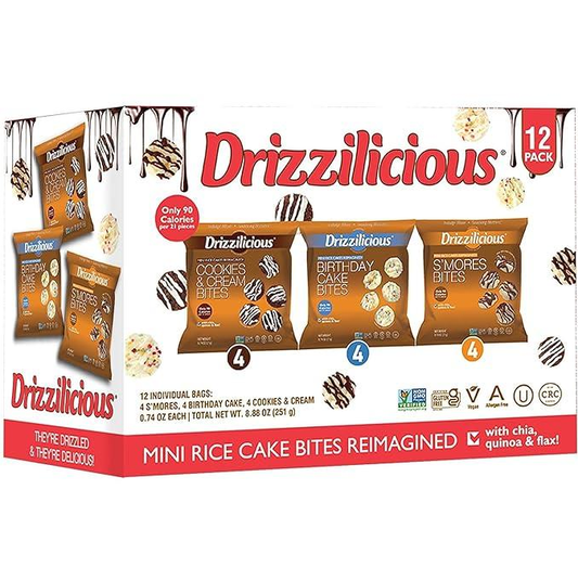 Drizzilicious Mini Rice Cakes Variety Pack [Cookies & Cream, Birthday Cake, S'mores] - Rice Crisps, Healthy Snack for Adults and Kids, Flavored Rice Cakes, Vegan, Gluten Free, Allergen Free, Only 90 Calories Per Bag - 0.74 oz (Pack of 12)